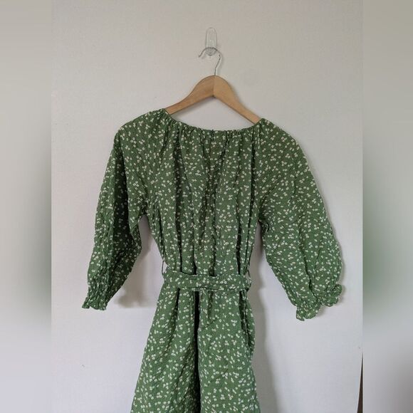 Roolee Green Floral Stop and Smell The Flowers Belted Puff Sleeve Dress S Small - Picture 6 of 7